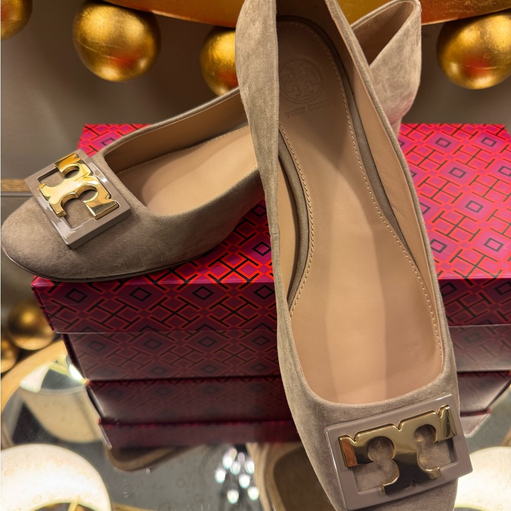 Tory Burch Taupe Flats with Gold Logo